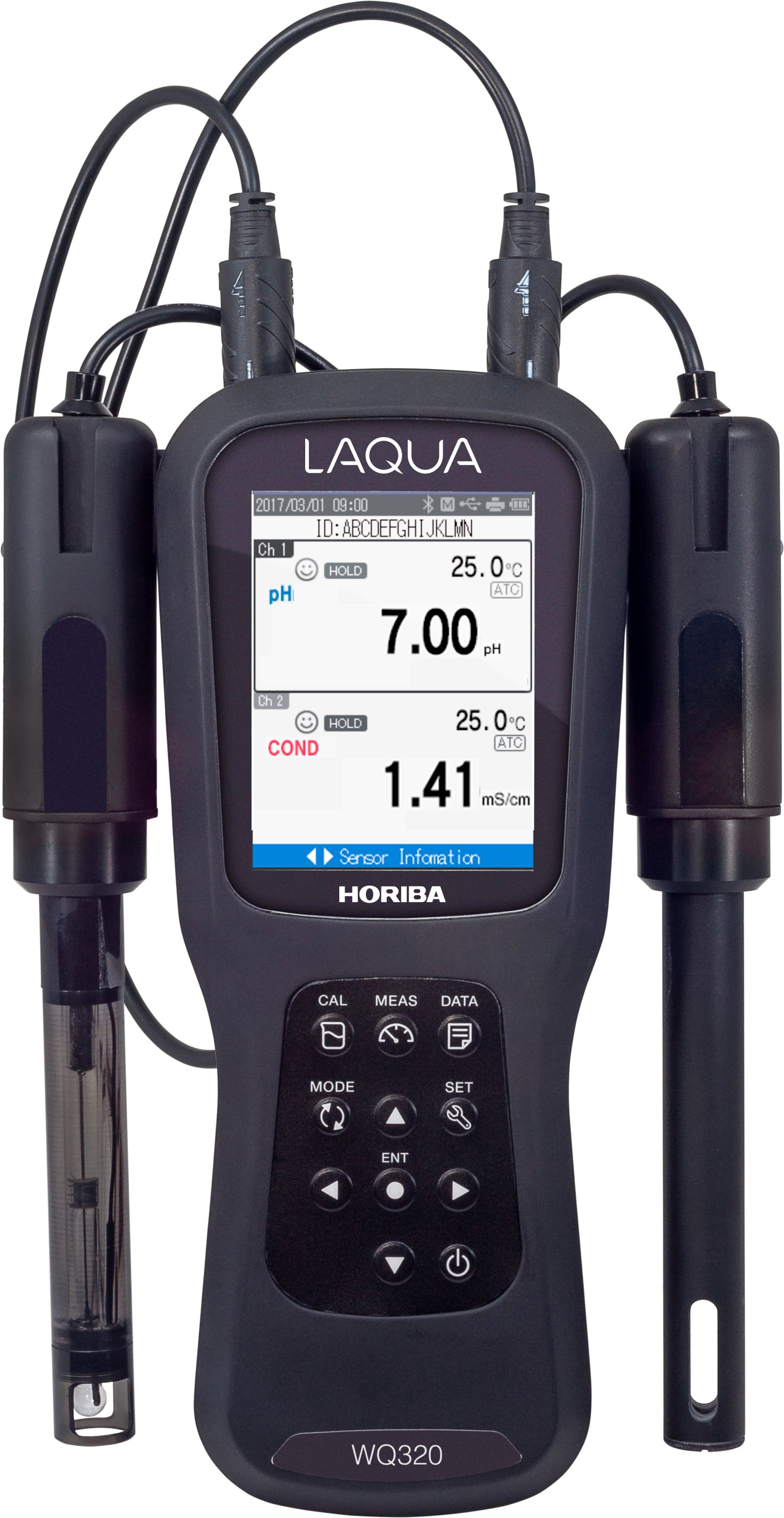 Horiba LAQUA WQ320-K - 2 channel professional measuring device for various parameters in analysis case Horiba LAQUA WQ-320-K Vorderansicht des Handmessgeräts, IP67 Schutz, integrierter Sensorkopf