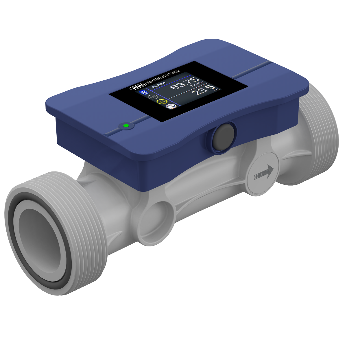 JUMO flowTRANS US W02 Ultrasonic flowmeter DN 20 (3/4 in.) JUMO flowTRANS US W02 Seitenansicht mit Anschluss und Gehäuse, Ultraschall-Durchflussmesser Anschlussgewinde sichtbar, robustes Kunststoffgehäuse, JUMO Durchflussmessgerät flexibel einsetzbar, verschleißfreie Ultraschalltechnologie