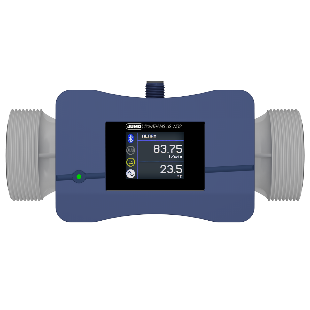 JUMO flowTRANS US W02 Ultrasonic flowmeter DN 32 (1 1/4 in.) JUMO flowTRANS US W02 Ultraschall-Durchflussmessgerät DN 32 Frontansicht, großes LCD-Display, Bluetooth-Schnittstelle, industrielle Anwendung