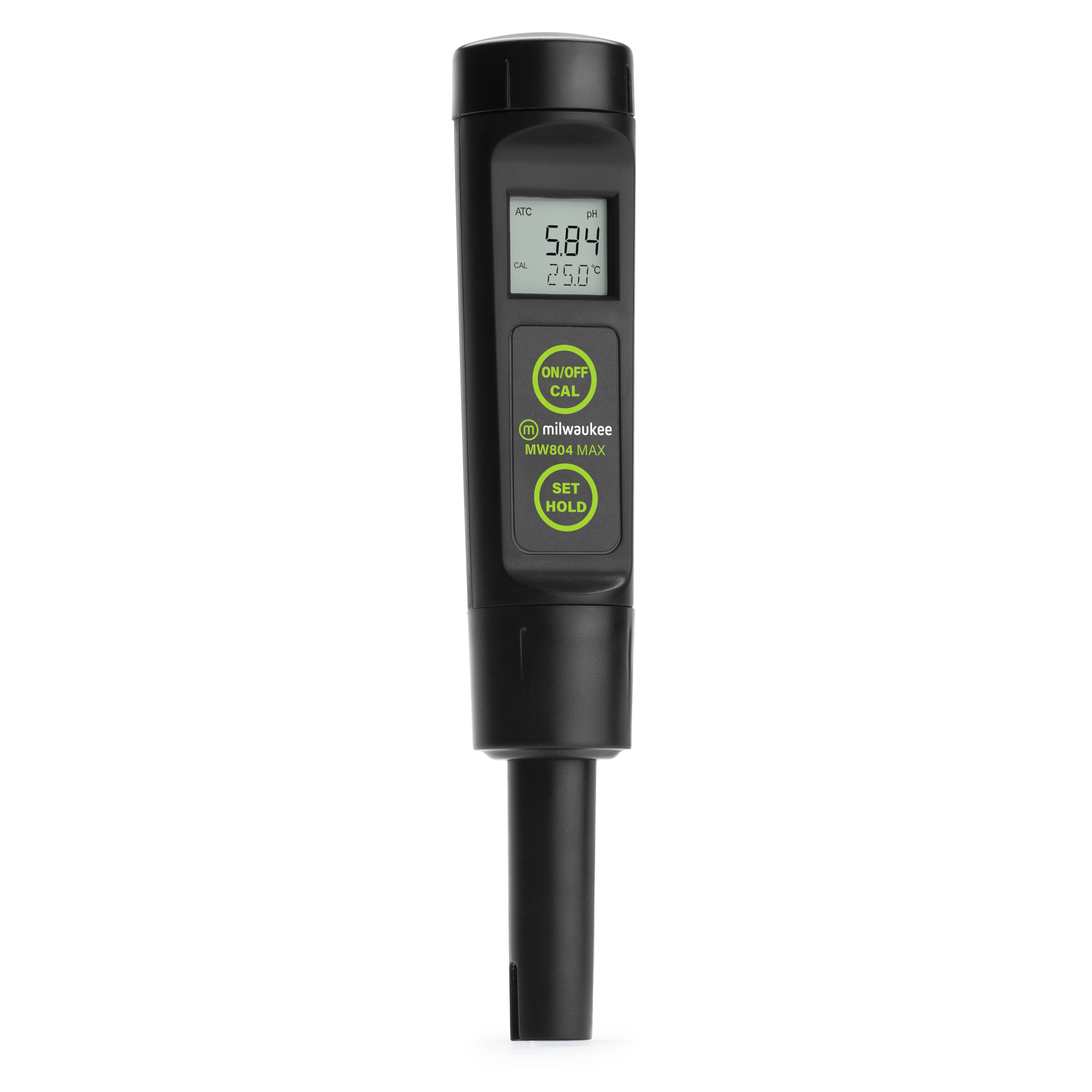 Milwaukee MW804 Tester in Schrägansicht, pH- und Leitfähigkeitsanzeige mit Temperatur