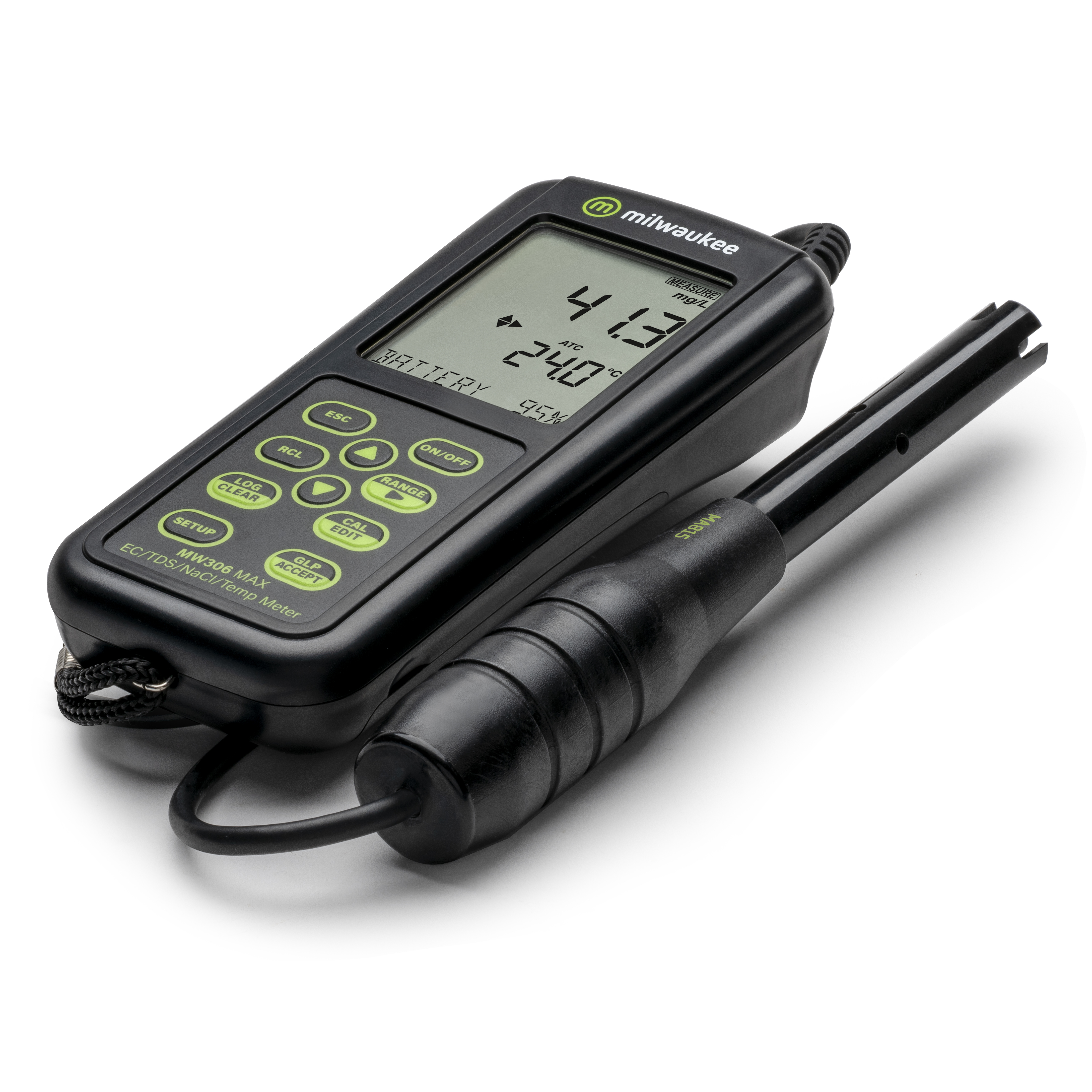 MW306 MAX, Automatisches und protokollierendes EC/TDS/NaCl/Temperaturmessgerät, schräge Ansicht