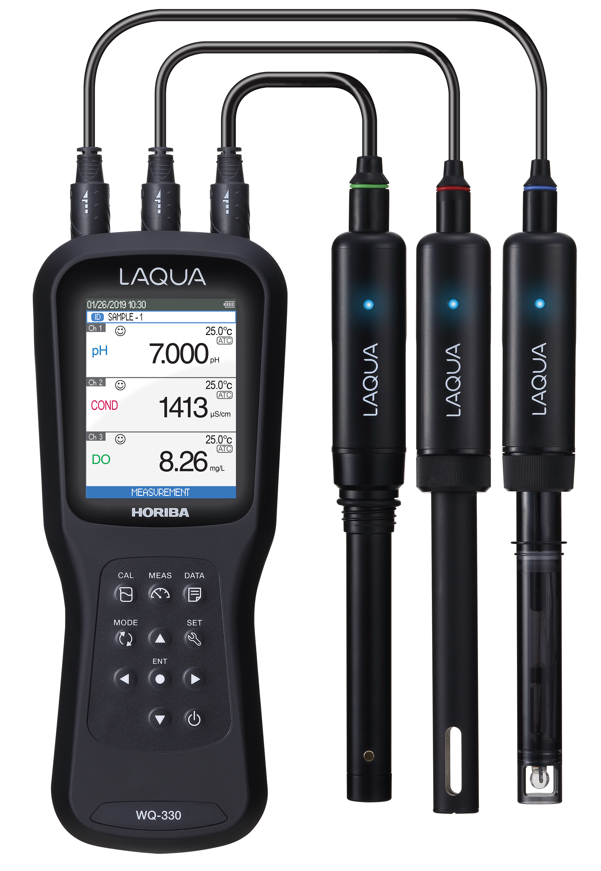 Horiba LAQUA WQ330-K Handmessgerät mit drei angeschlossenen Elektroden, Frontansicht, robustes Design