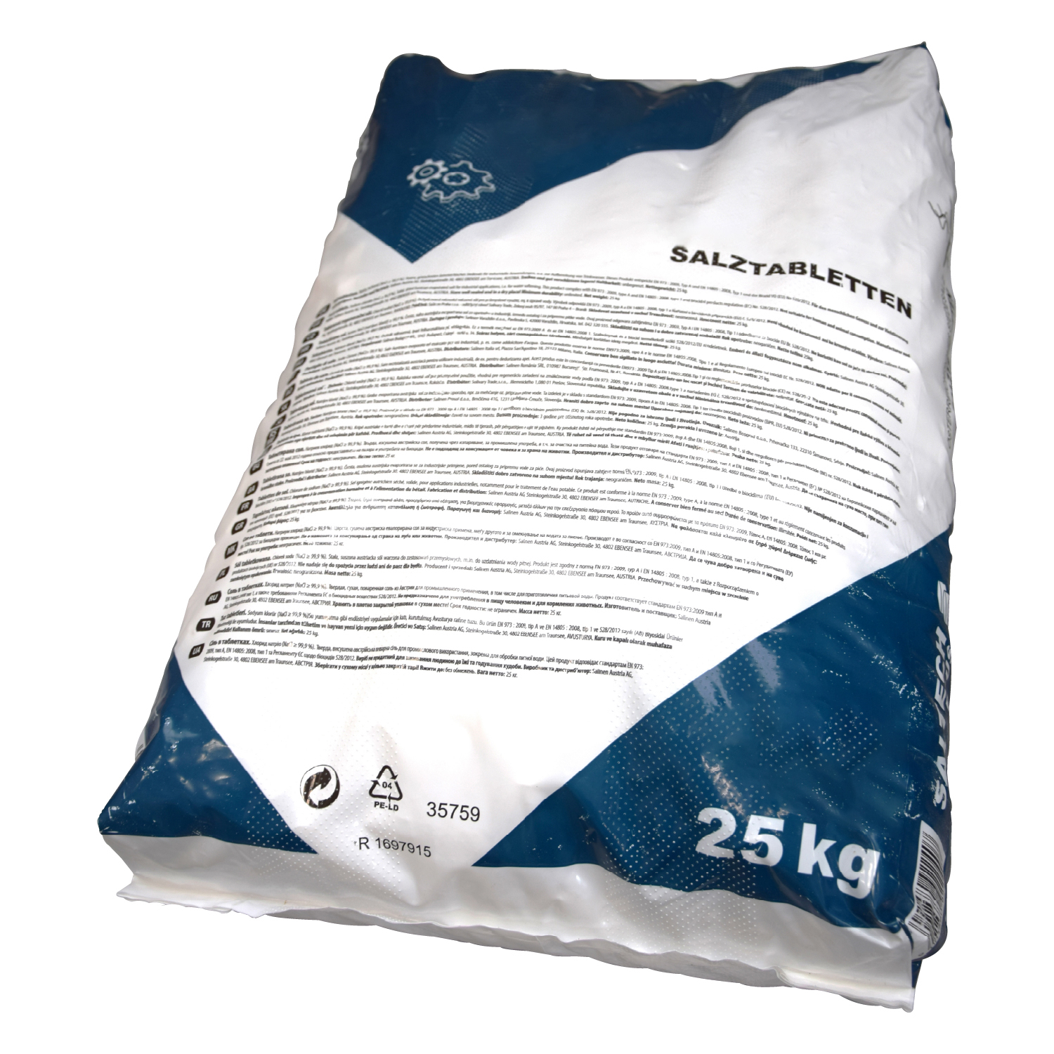 Salztabletten (25kg), EN 973 A, Fokus auf Produktinformationen, min. 99,9% NaCl, Feuchtigkeit