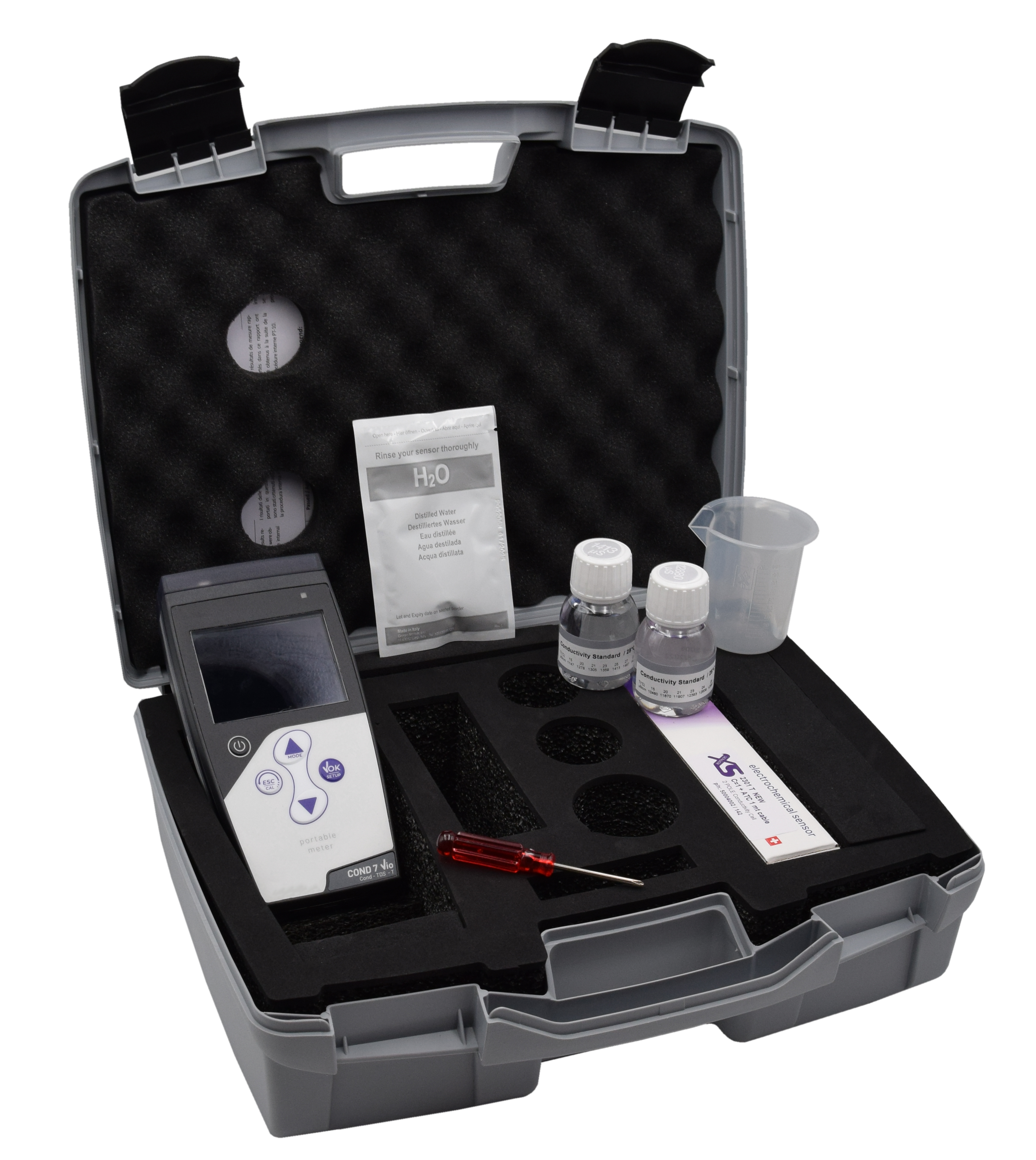 XS Cond 7 Vio Koffer mit gut sichtbaren Inhalt, Tester, Elektroden und Flüssigkeiten
