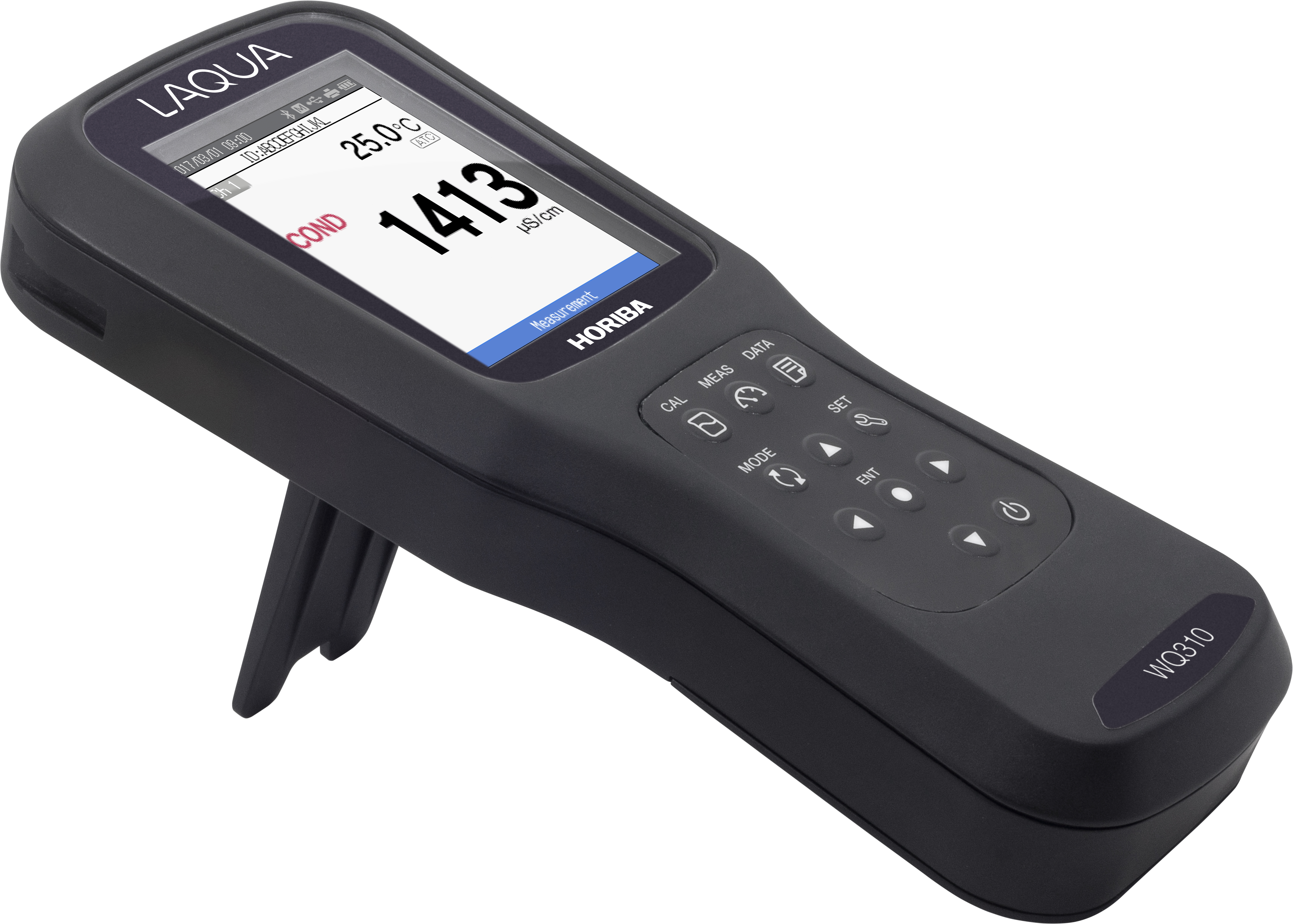 Horiba WQ310 mit EC‑Sensor seitlich links, ausgeklappter Ständer sichtbar, Leitfähigkeitsmessgerät Outdoor‑Design