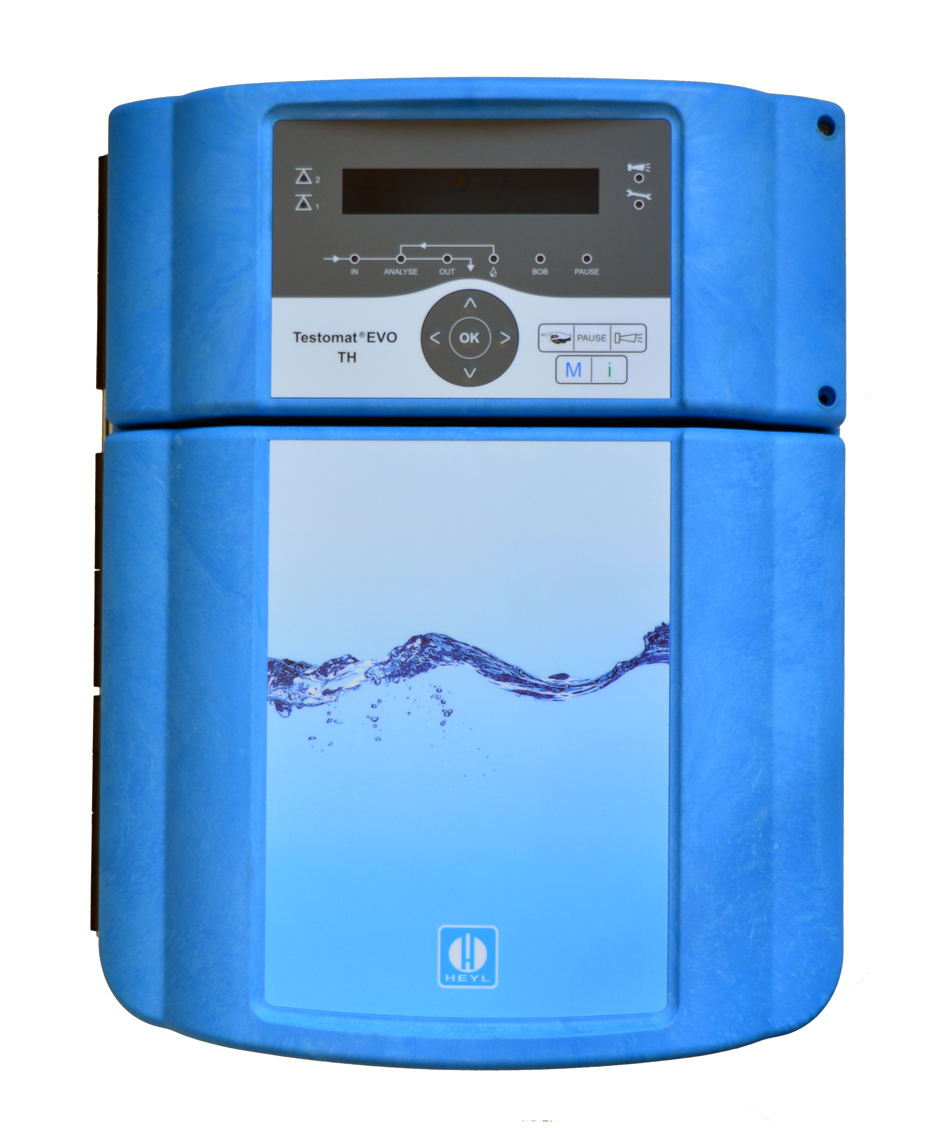 Testomat EVO TH, Frontalansicht des blauen Wasseranalysen-Geräts, 100–240 VAC / 100–353 VDC