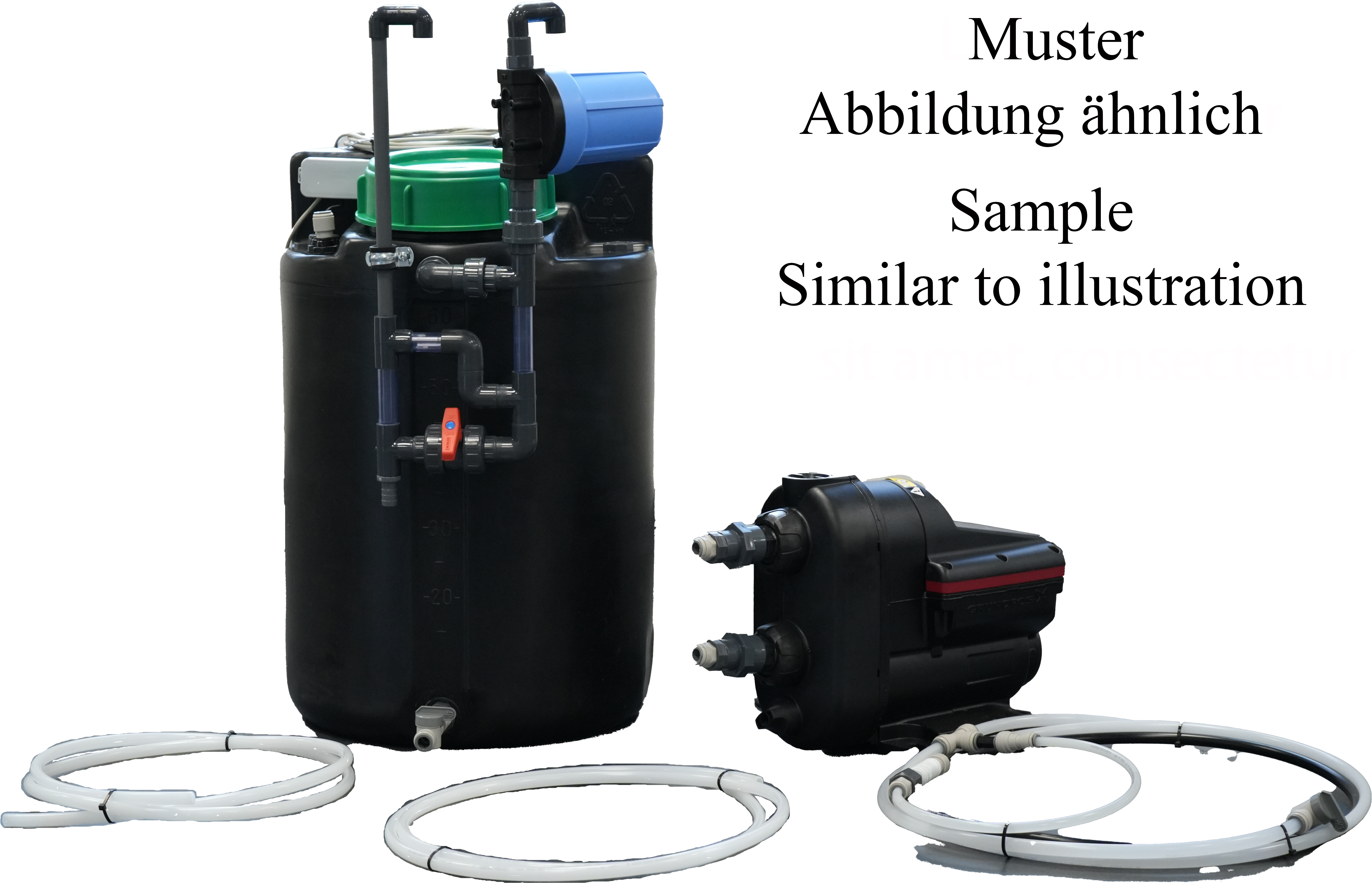 Auf dem Bild zu sehen ist eine Druckerhöhunsstation mit 100l Permeatspreicher  mit Schrift Muster/Sample
