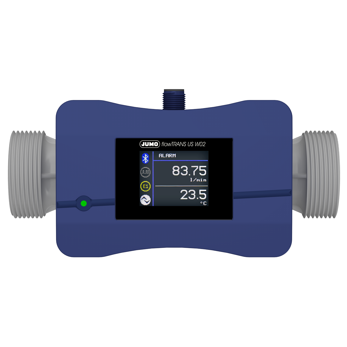 JUMO flowTRANS US W02 Ultrasonic flowmeter DN 25 (1 in.) JUMO flowTRANS US W02 Ultraschall-Durchflussmessgerät DN 25 Frontansicht, digitales Display, Bluetooth-Schnittstelle, industriell