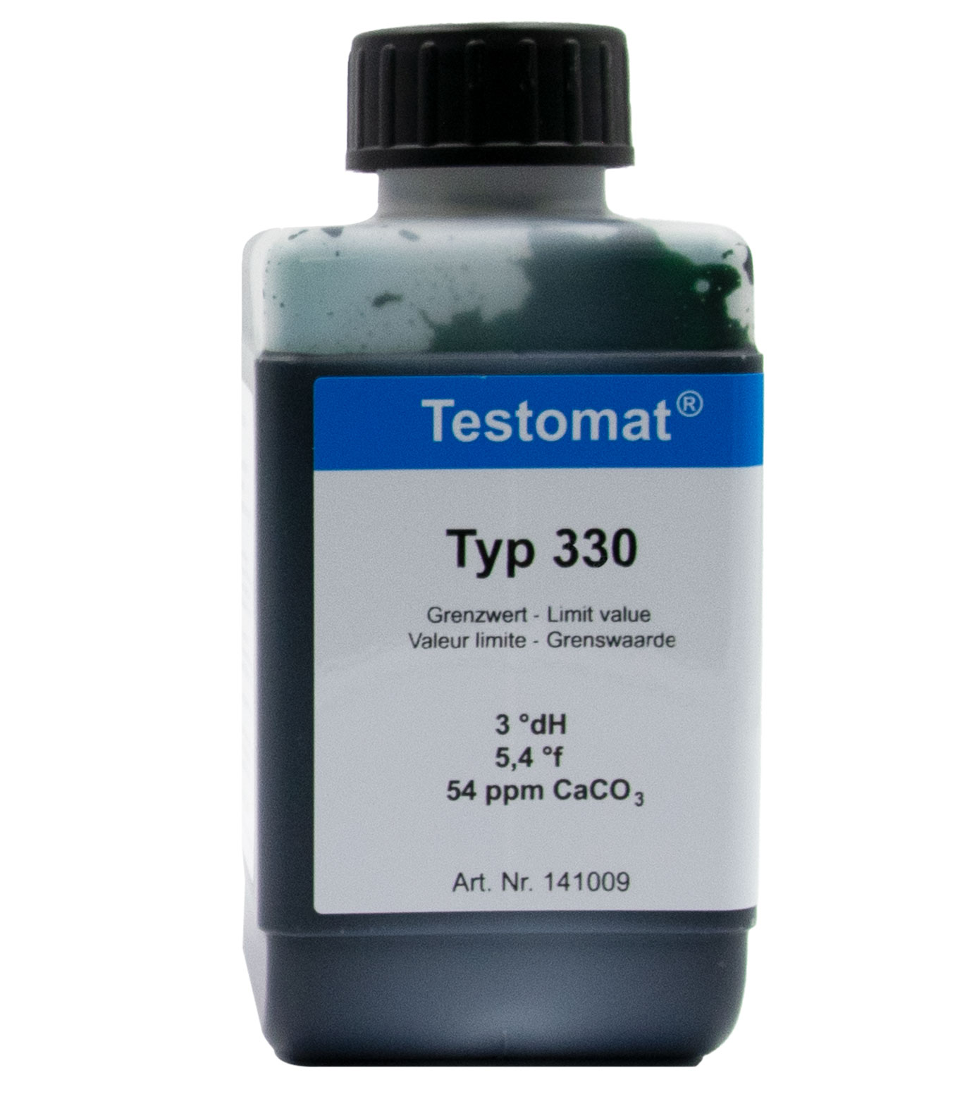 Testomat® 808 Indicator 330, front view of the 500 ml bottle, water hardness analysis