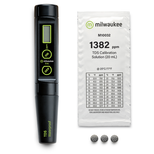 Milwaukee T75 mit Kalibrierlösung, wasserfester TDS Tester, Set für genaue Messungen