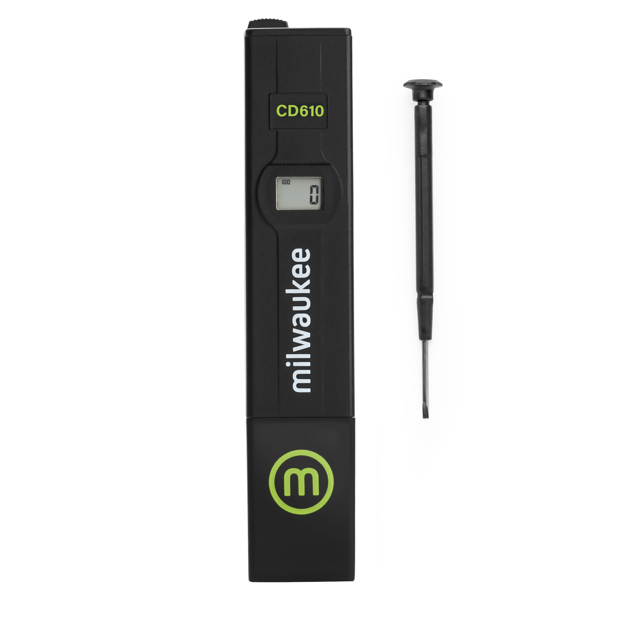 Milwaukee CD610 TDS tester, high-range model for dissolved solids, set including protective cap and manual, compact design.