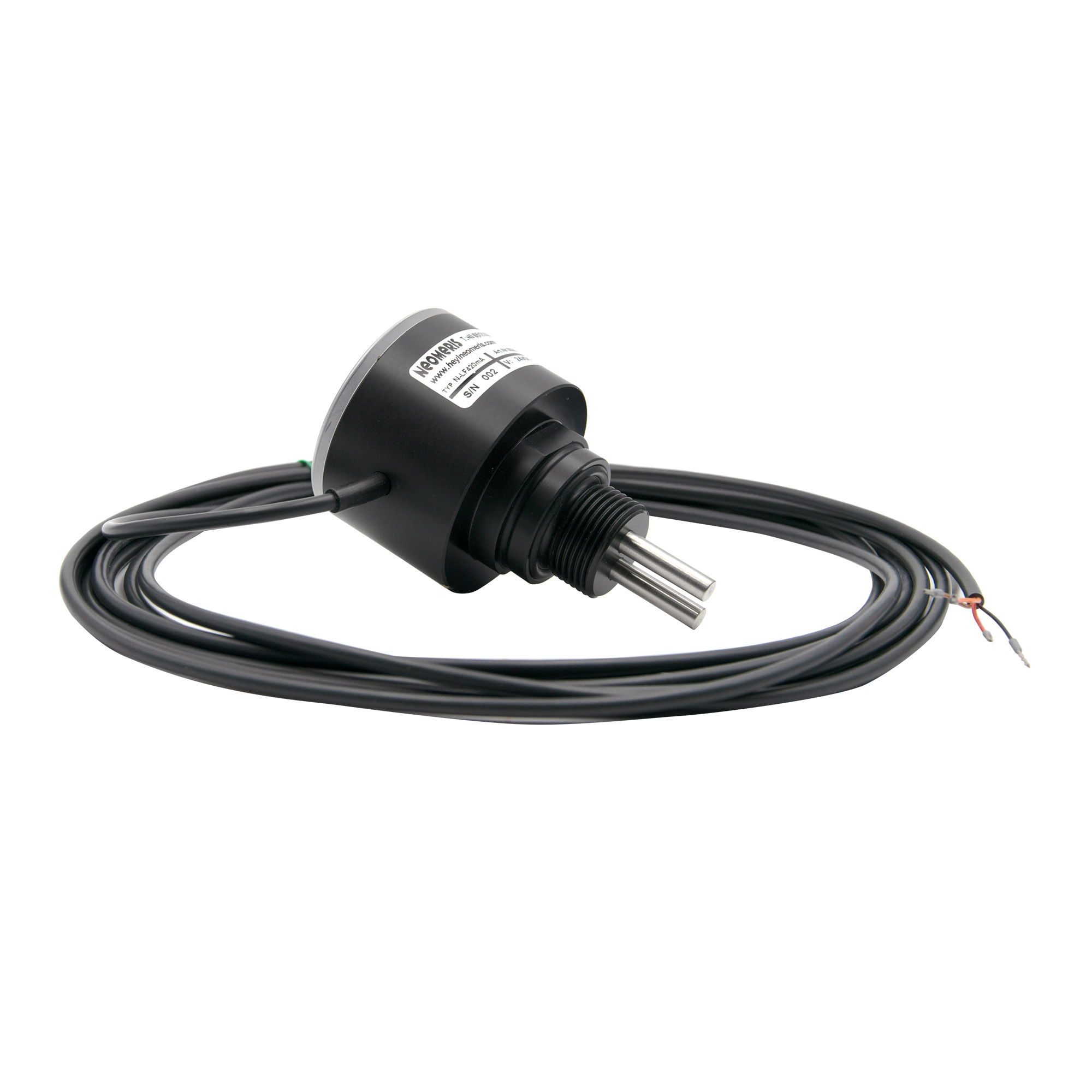 N-LF420 0-2µS conductivity meter with 4-20mA output, LED display and 3/4 inch screw-in thread N-LF420 Leitfähigkeitsmessgerät Frontansicht mit ¾-Zoll Gewinde und Kabel