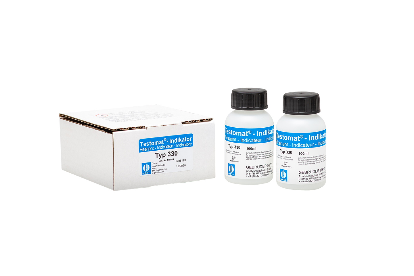 Testomat® 808 Indicator 330, two 100 ml bottles side by side, residual hardness measuring solution 3 °dH