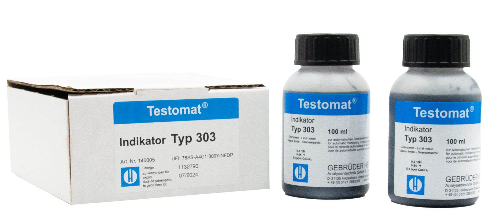 Testomat 808 Indicator 303 2 x 100 ml, two bottles with black screw caps, original Testomat packaging