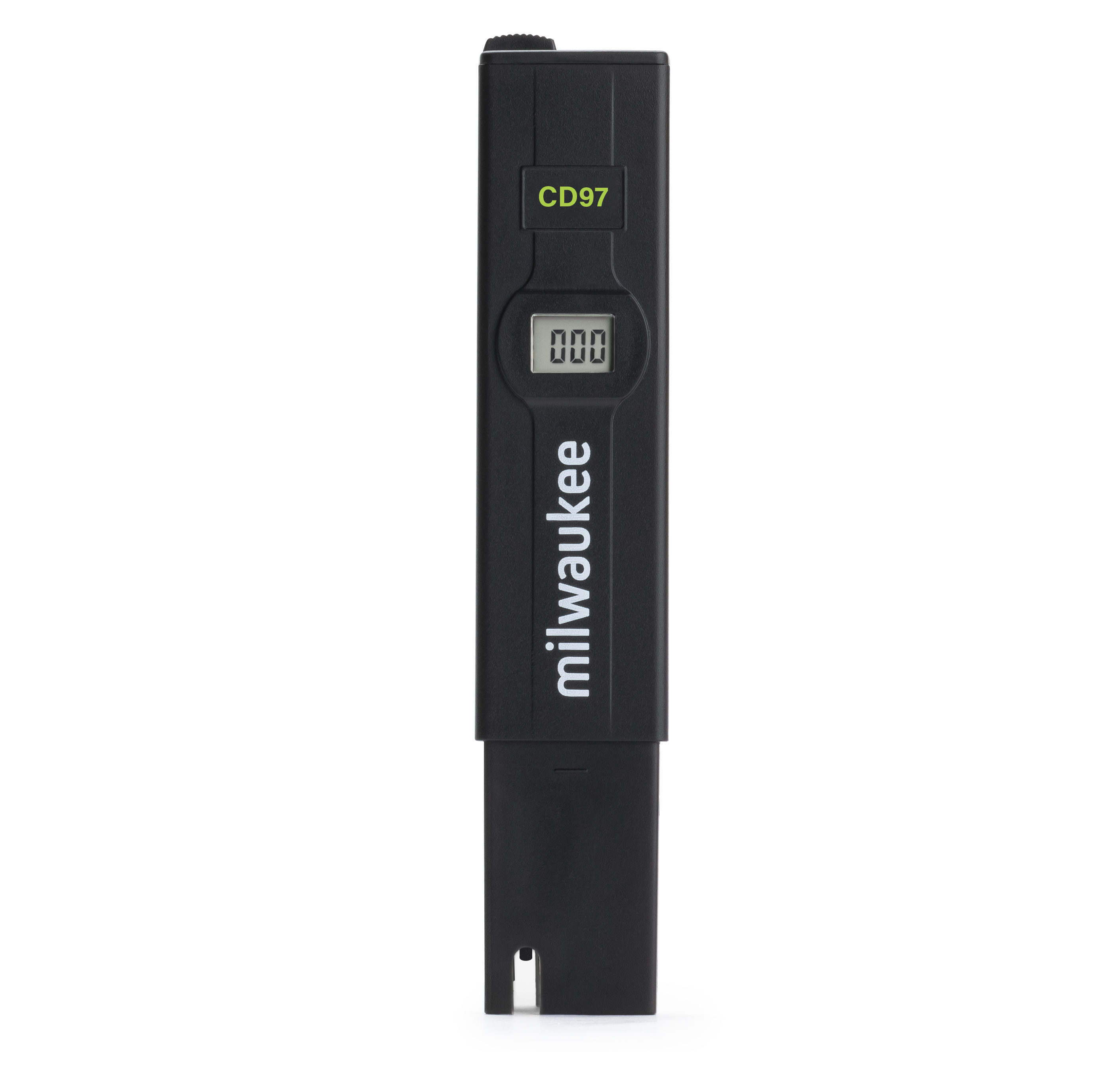 Milwaukee CD97 TDS tester, low-range model for dissolved solids, tester front view, illuminated display, measuring probe visible.Milwaukee CD97 TDS Tester niedriger Bereich für gelöste Feststoffe, Tester Vorderseite, Display leuchtet, Messsonde erkennbar