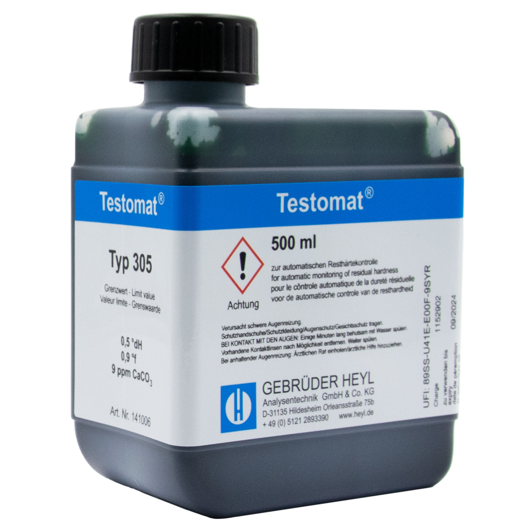 Testomat® 808 Indicator 305, 500 ml bottle with clear labelling, water analysis, side view