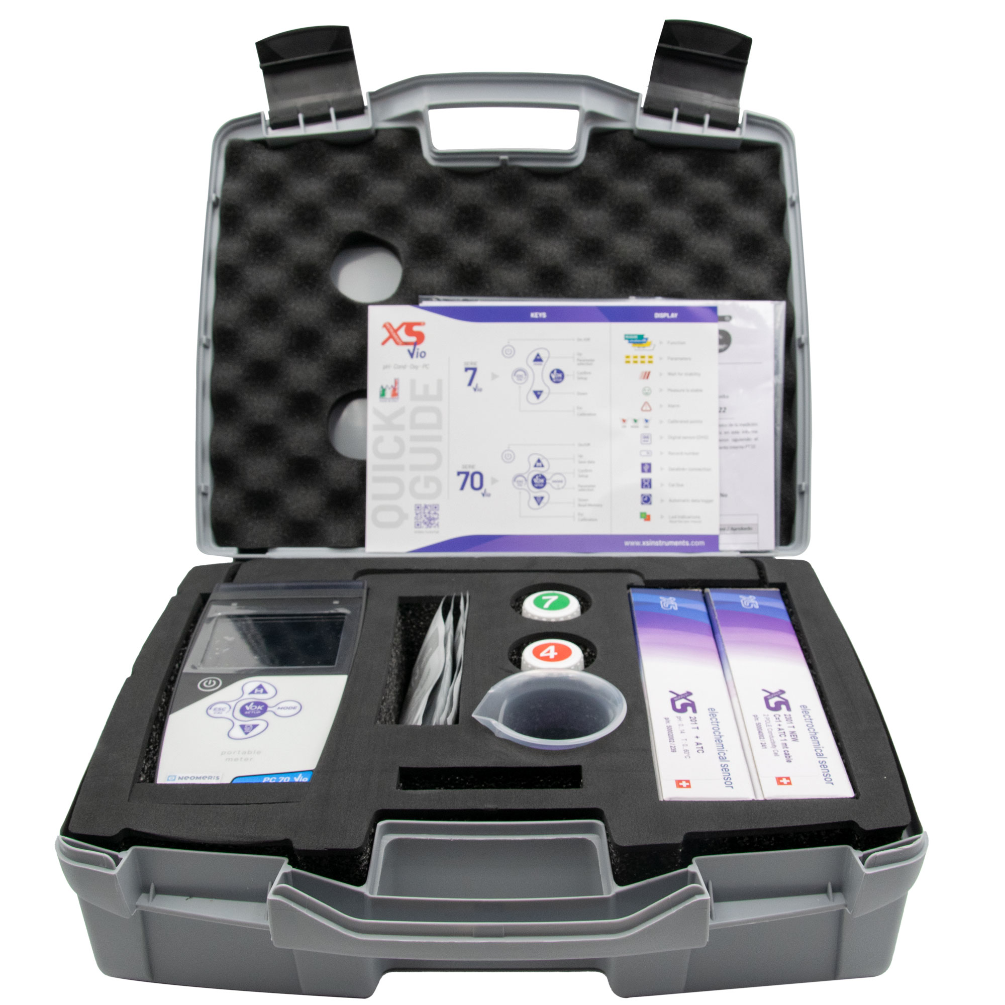 Open XS analysis case with clearly visible contents: device, electrodes and solutions.