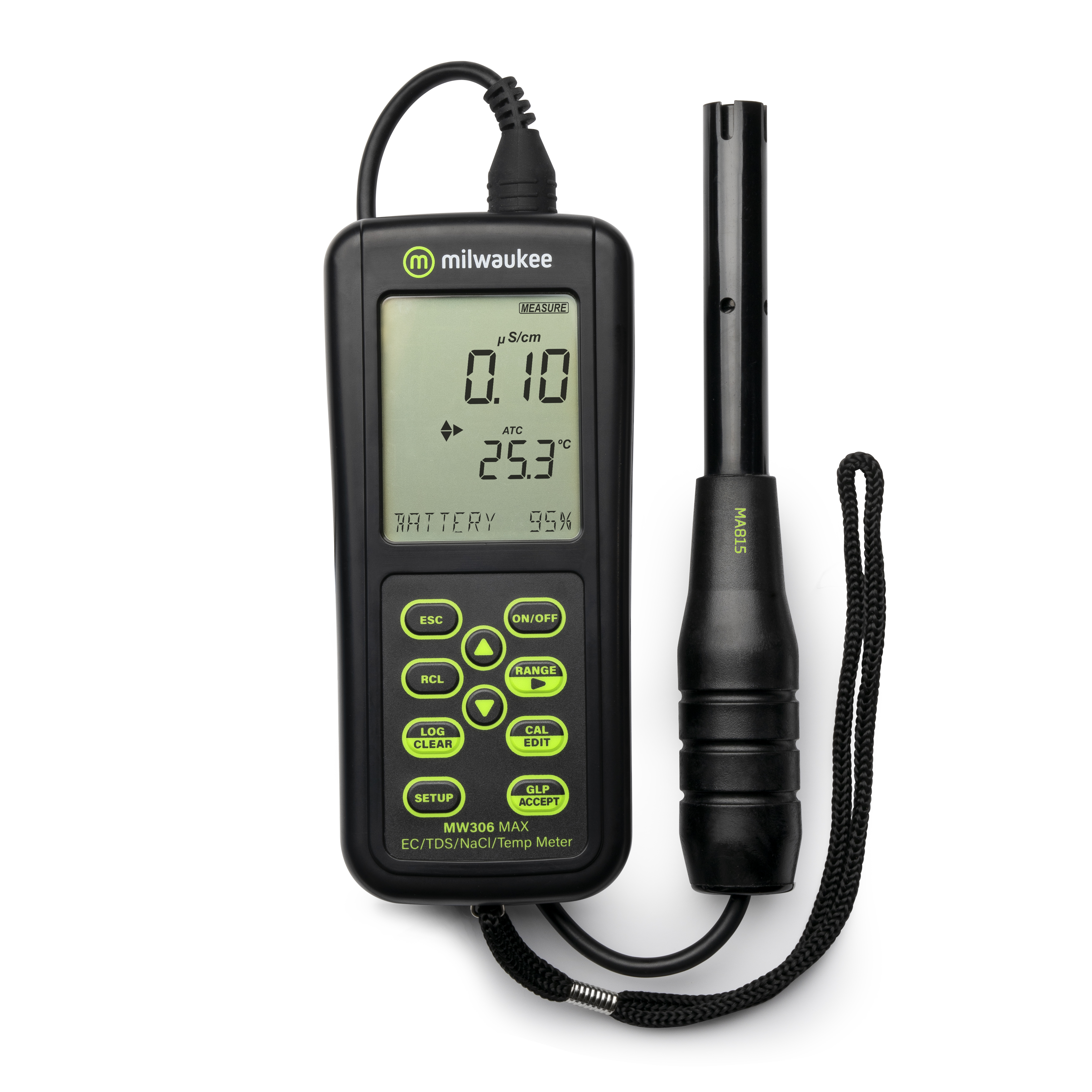 MW306 MAX, Automatisches und protokollierendes EC/TDS/NaCl/Temperaturmessgerät in Nahansicht