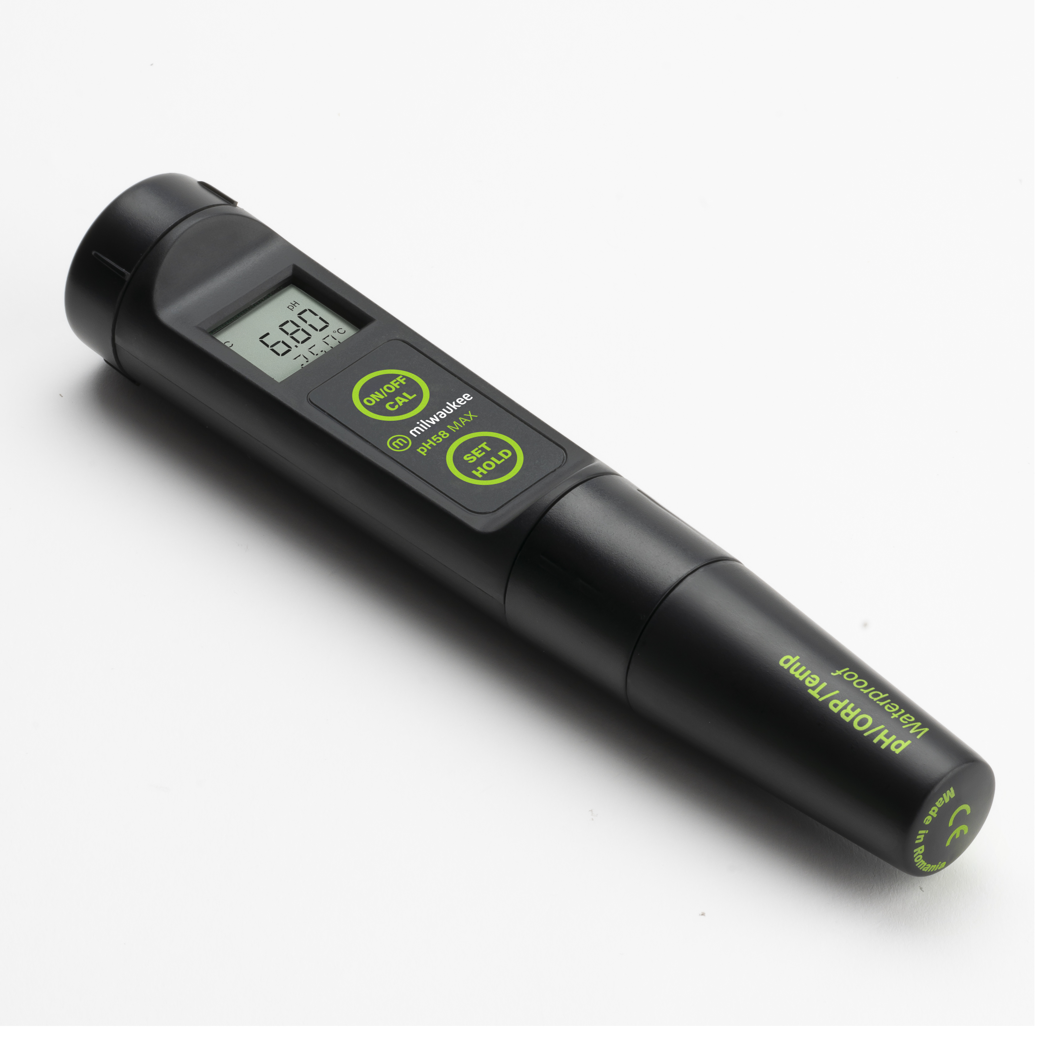 Milwaukee PH58 pH‑Redox‑Tester liegend, schwarze Oberfläche, Sensor zeigt nach vorn
