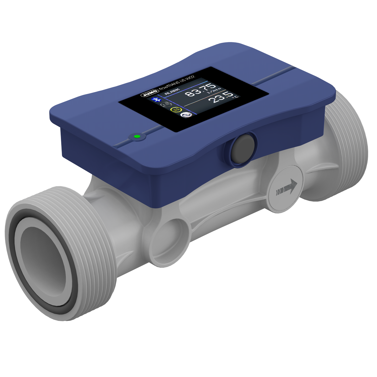 JUMO flowTRANS US W02 Ultraschall-Durchflussmessgerät DN 32 Seitenansicht, moderne Sensortechnologie, App-gesteuerte Konfiguration