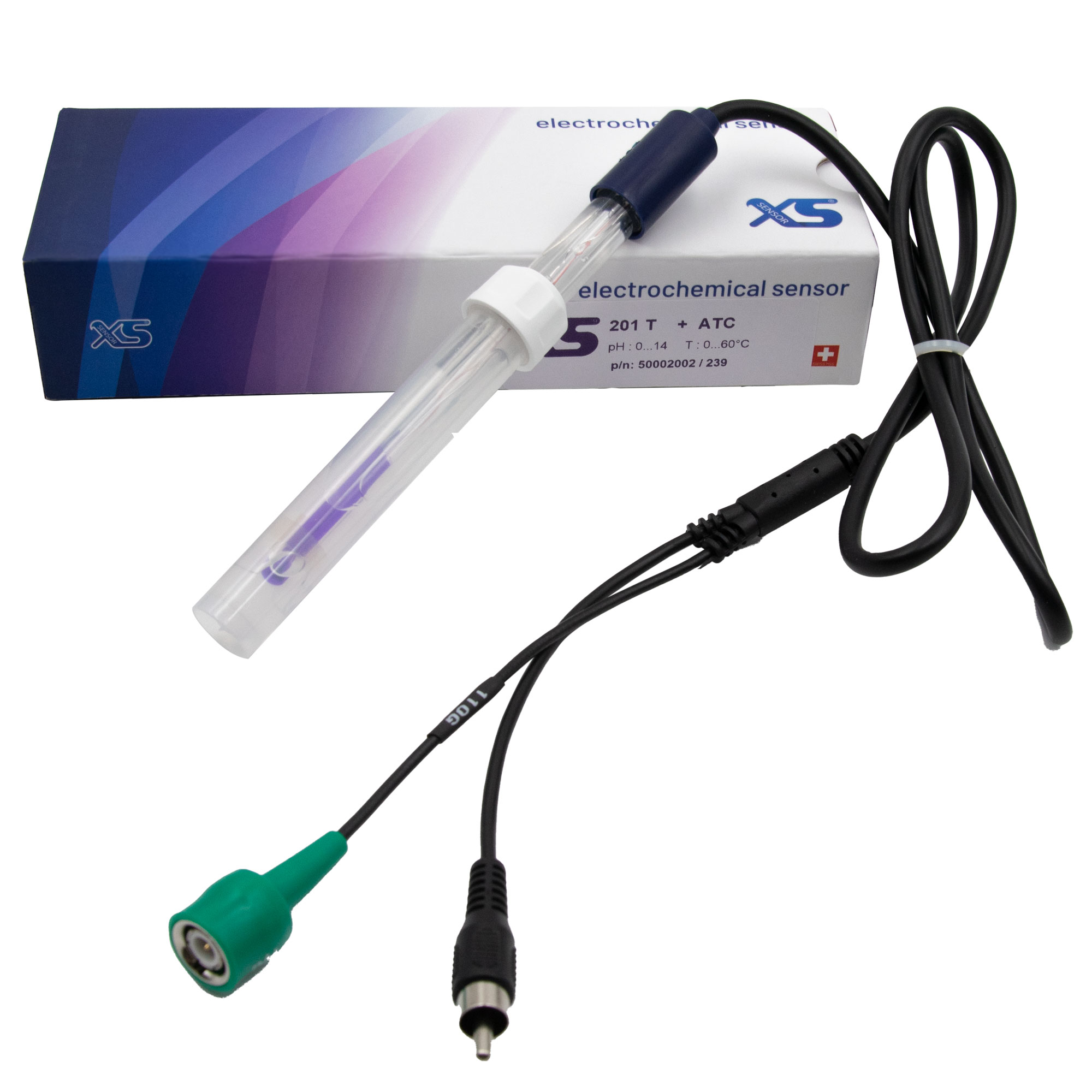 Conductivity electrode with black cable, original packaging visible in the background.