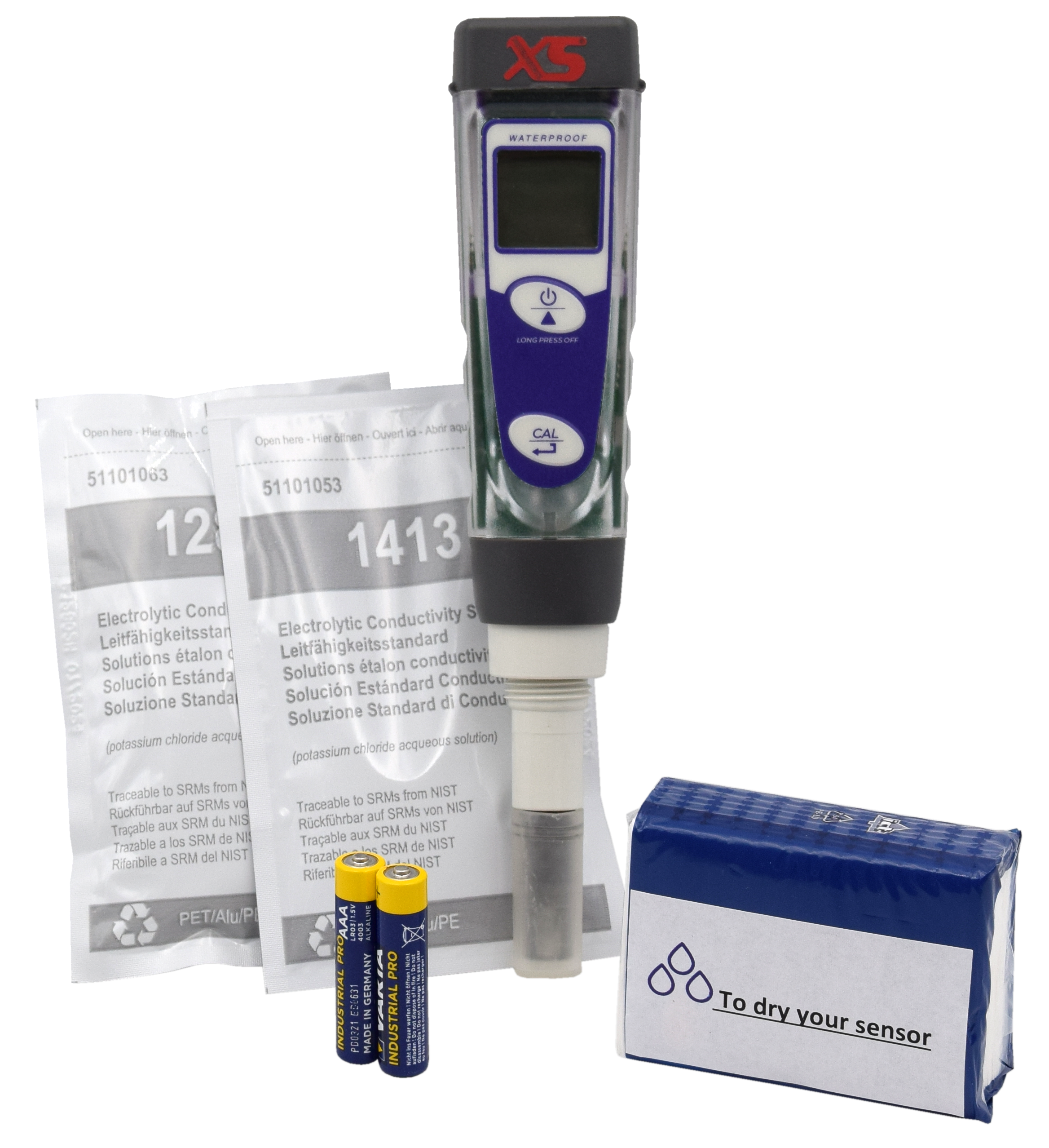 XS COND 1 Tester Kit Inhalt gut sichtbar, Tücher, Tester, Batterien und Flüssigkeiten