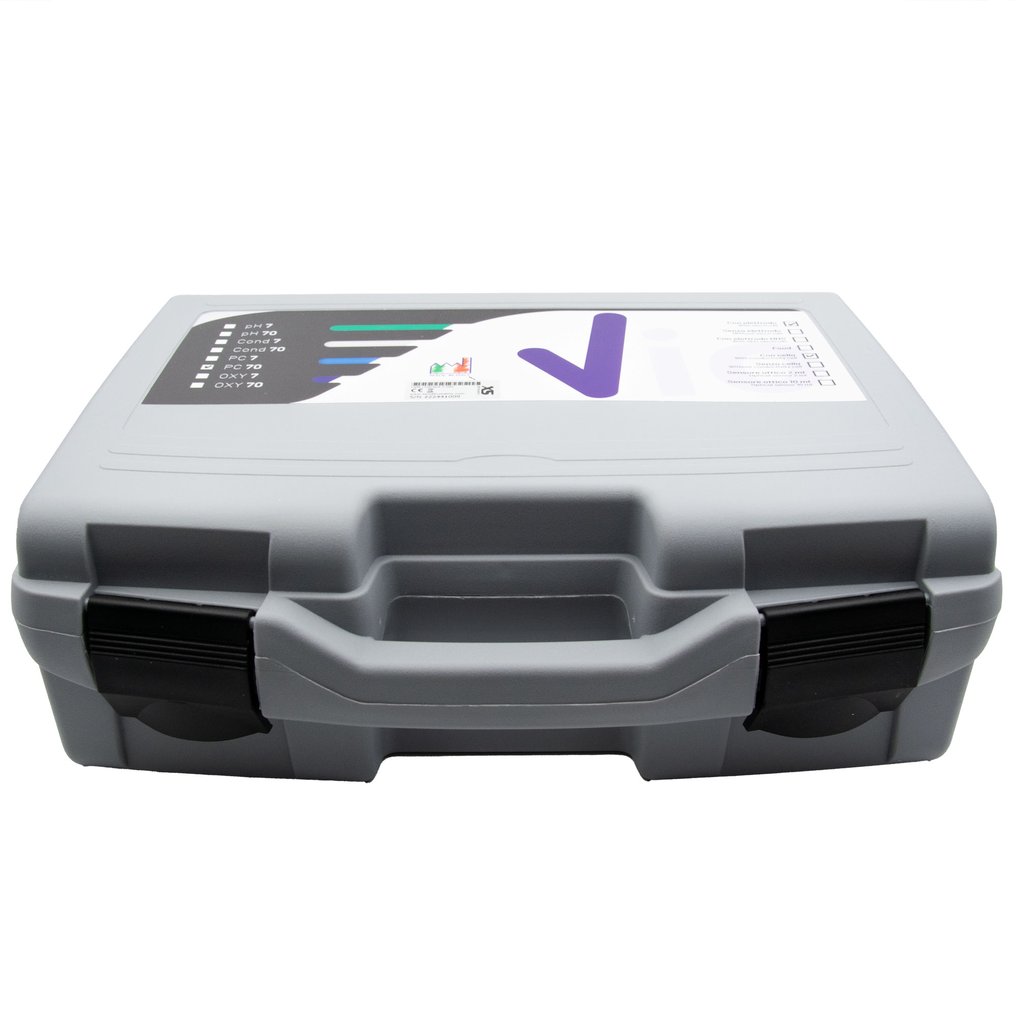 Front view of the analysis case, black latches visible.