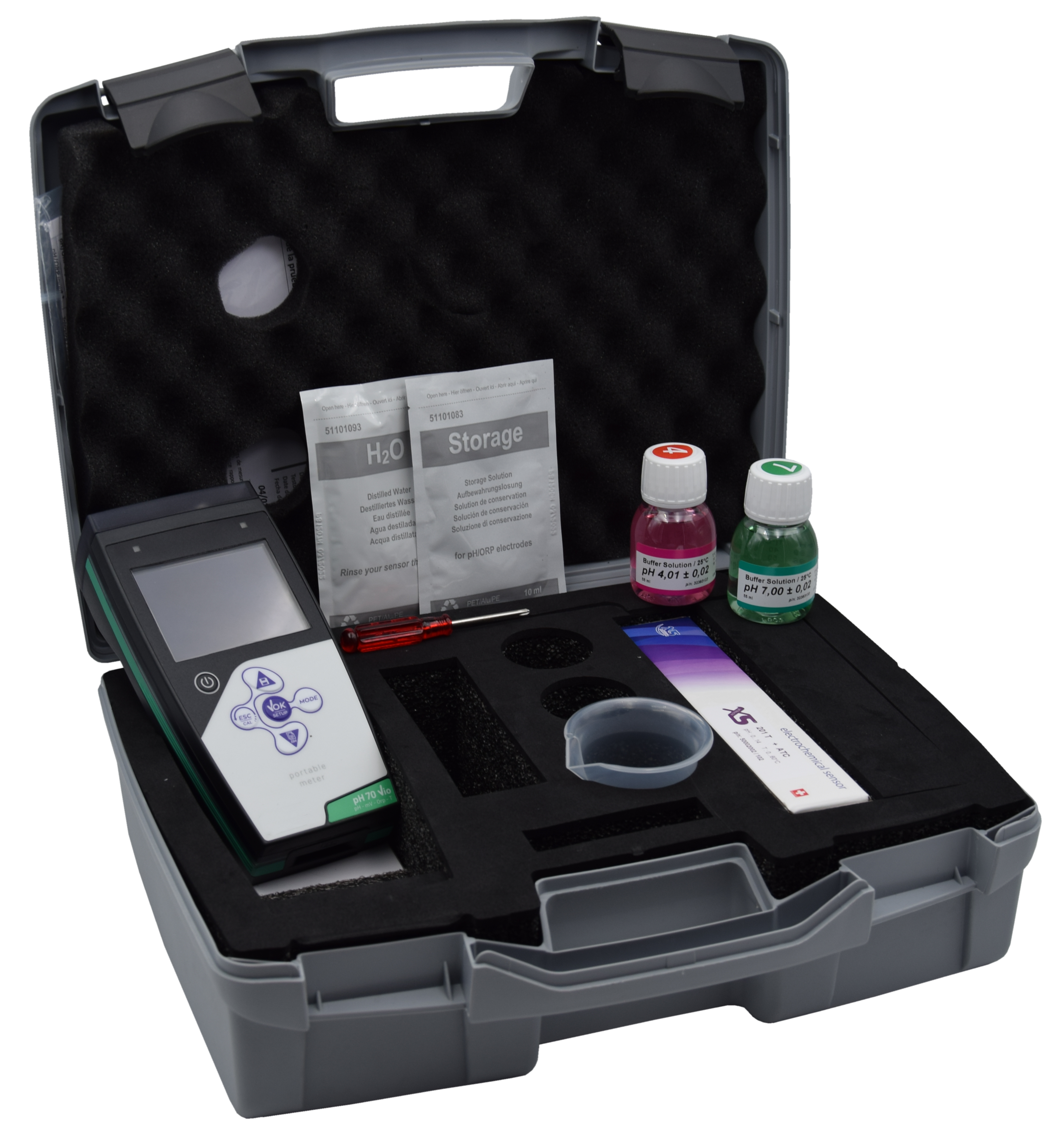 Open black case with contents, solutions, device and electrode.