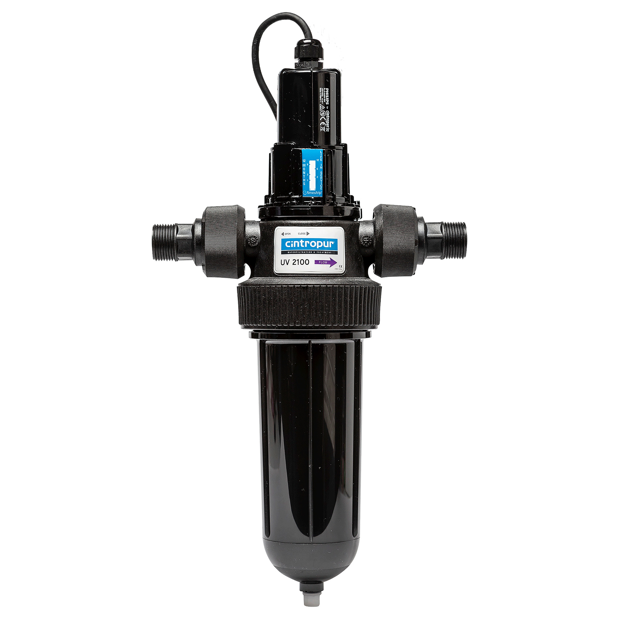 CINTROPUR UV2100 3/4″ + 1″, Frontansicht des UV-Wasserentkeimers, kompakte Bauweise mit schwarzem Gehäuse
