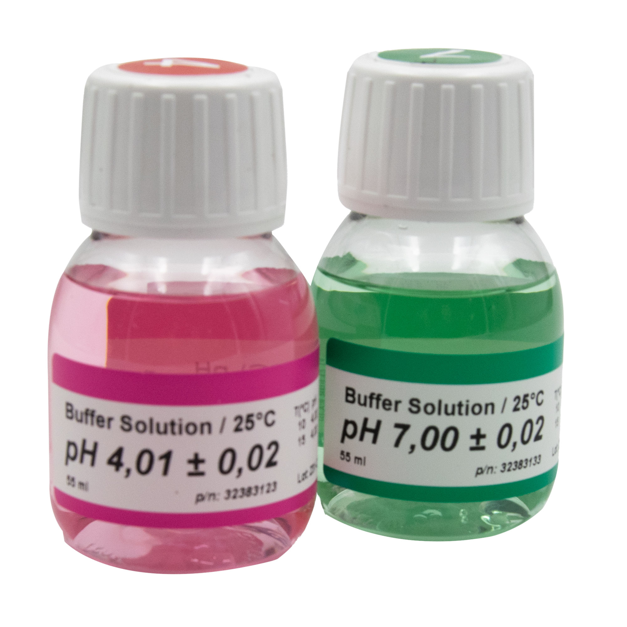 Two 50 ml buffer solutions in pink and green, labels clearly legible.