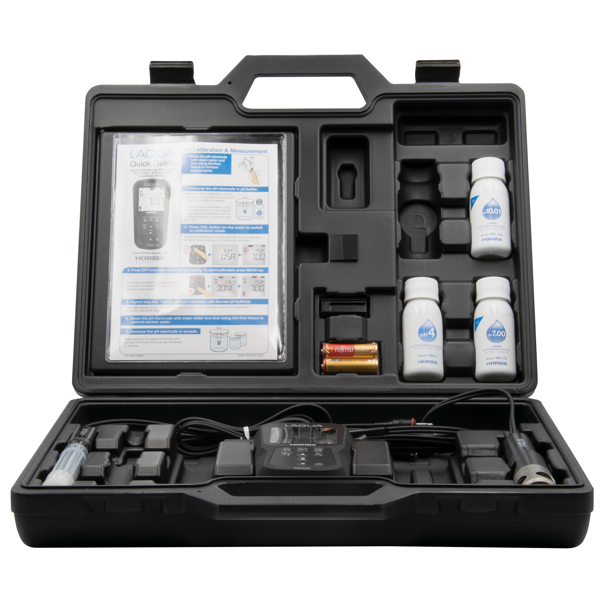 schwarzes Case für Horiba LAQUA PD220 Kit mit sichtbaren Handmessgerät und drei Lösungen 
