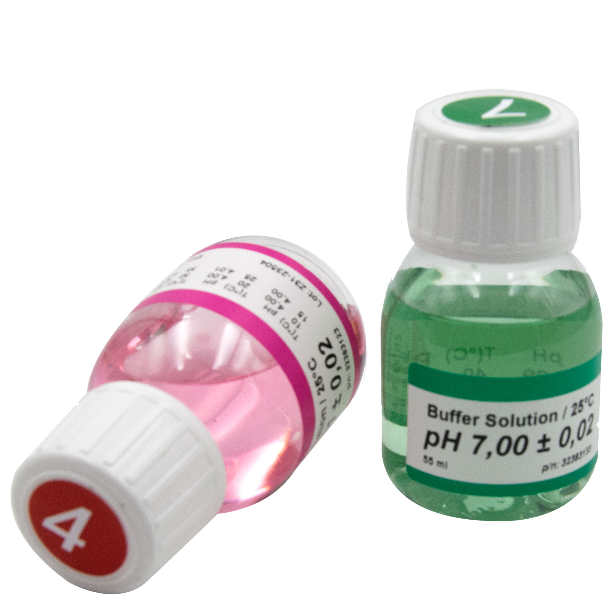Two 50 ml buffer solutions in pink and green. The pink bottle is lying down and the green one is standing.