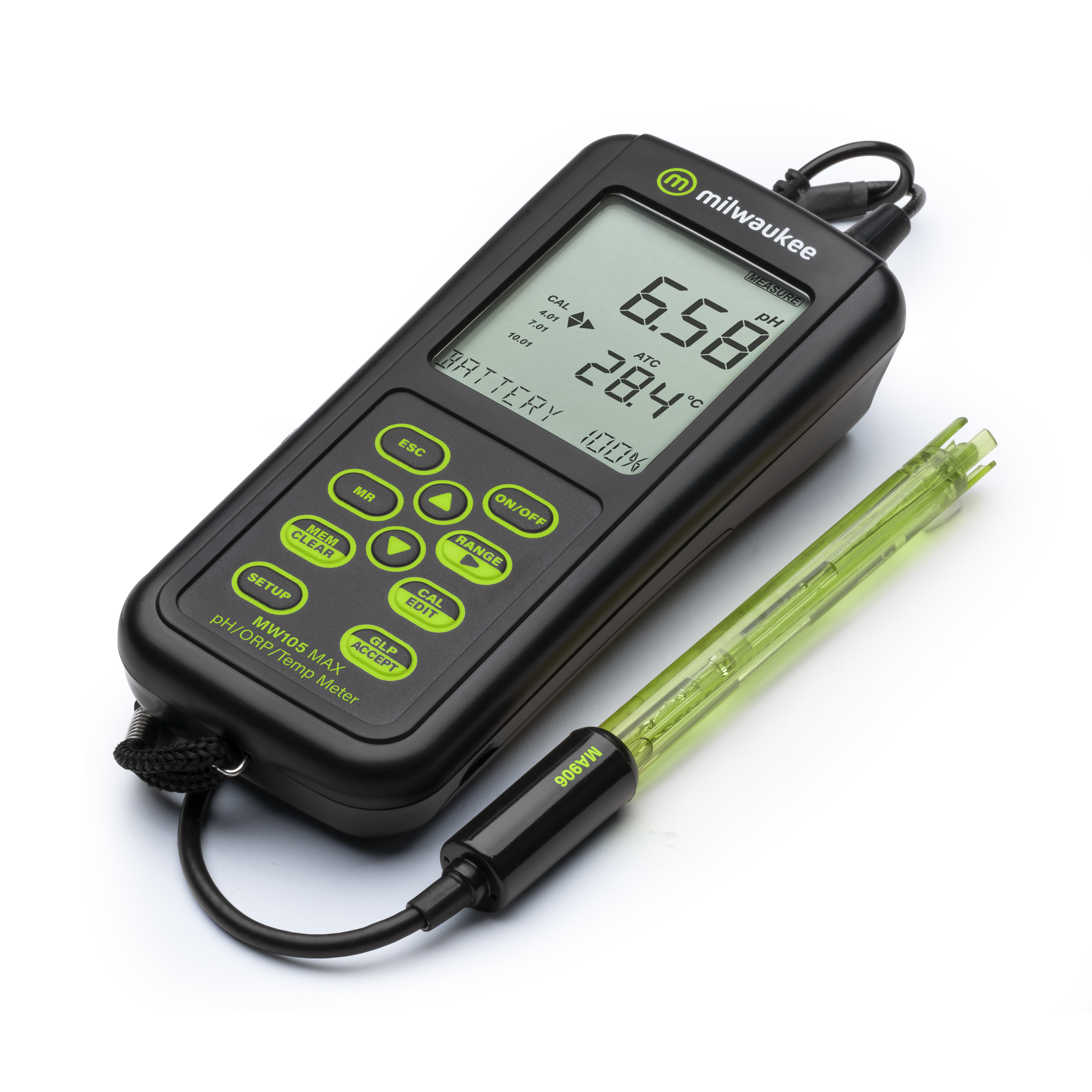 Milwaukee MW105 MAX Winkelansicht, LCD mit Messwerten, Bedienfeld und Gehäuse in schwarz und grünen Betonungen